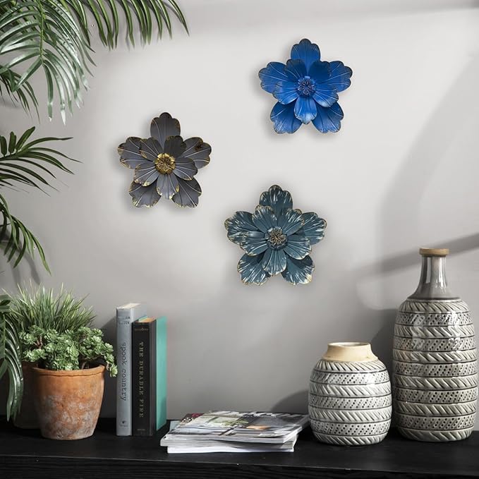 Metal Flower Wall Sculpture, 9.5" Rustic Modern Artwork Distressed 3D Layered Vintage Iron Flower Wall Hanging Accent for Indoor Kitchen, Bedroom Living Room Office Outdoor Garden Patio Decor (Grey)