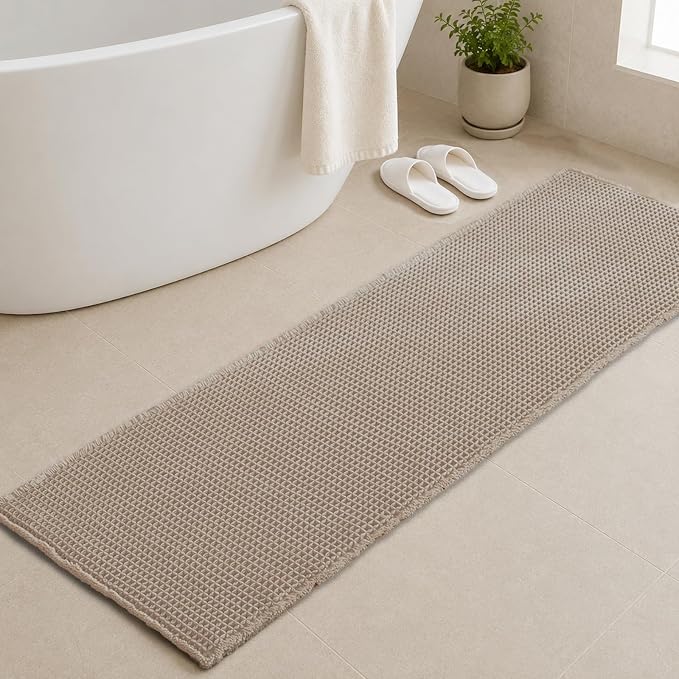 Upgraded Waffle Bath Mat with Rubber Backing Non-Slip Boho Bathroom Rug with Tassels, Ultra Absorbent & Soft Woven Shower Mat, Machine Washable, Multi-Size Options (Beige, 24"×72")