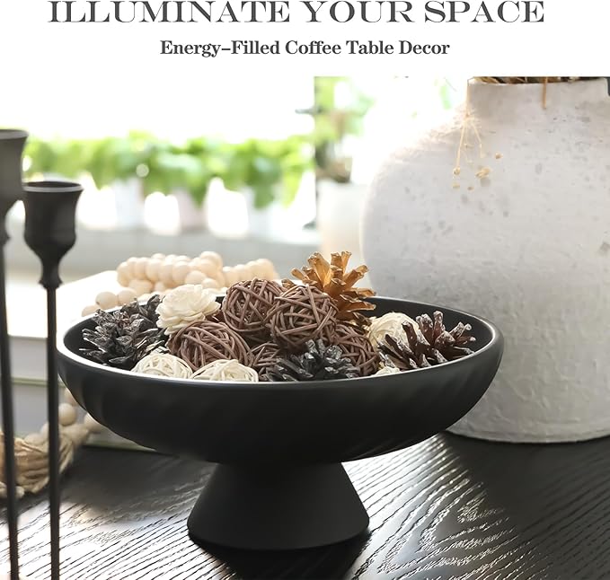 Decorative Bowl for Fruit Candy Keys Purse - Large Pedestal Decor Bowl for Kitchen Counter - Morden Round 10" Aesthetic Bowls for Coffee Entry Table Centerpiece Decor (Black)