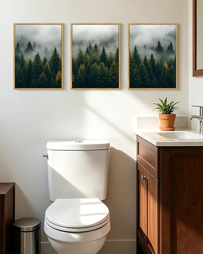KUVIOKE Green Fog Pine Tree Landscape Framed Wall Art Nature Nordic Misty Forests Prints Morden Farmhouse Bedroom Living Room Ready to Hang 12x16in (Natural Framed)