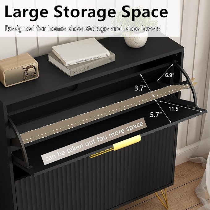 Shoe Storage Cabinet with 2 Flip Drawers, 31.5" W Fluted Shoe Cabinet for Entryway, Hidden Shoe Cabinet Storage, Narrow Free Standing Shoe Orgnaizer Rack Cabinet for Foyer Hallway, Black