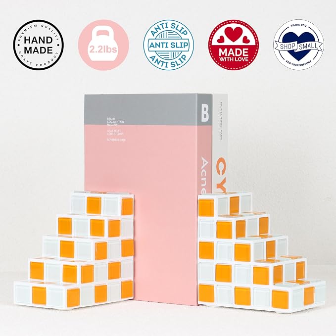 Decorative Bookends for Shelves - Stair Book Ends for Heavy Books - Unique Book Stopper & Holder for Shelves - Modern Home Decor Aesthetic Bookshelf Decor (Orange & White)