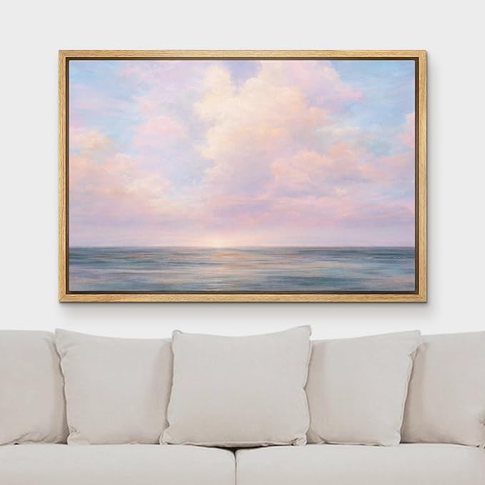 MUDECOR Framed Canvas Print Wall Art Serene Ocean Horizon with Soft Pink Clouds Illustrations Minimalism Decorative Bohemian Zen for Living Room, Bedroom, Office - 24"x36" NATURAL