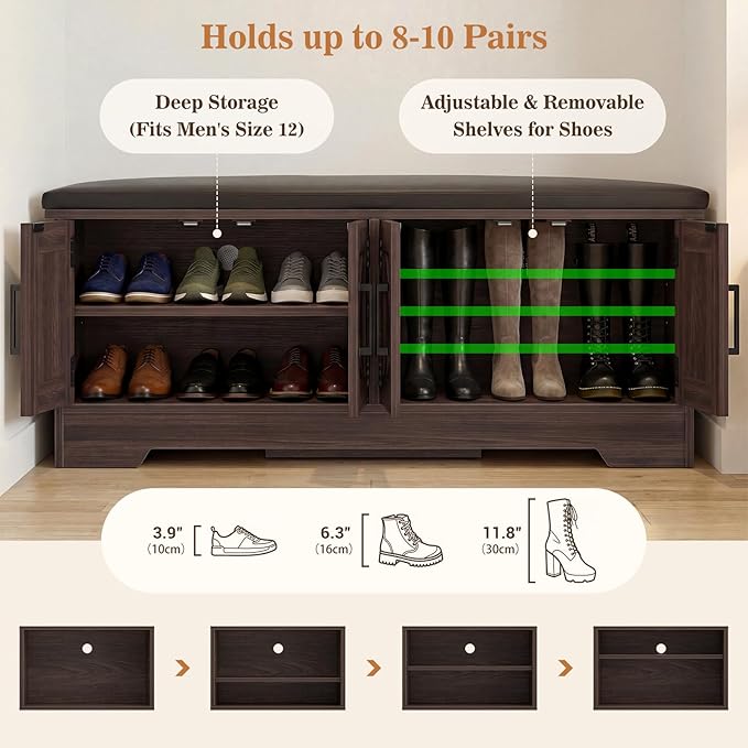 Farmhouse Shoe Storage Bench with Cushion - 43.3" Entryway Bench with Storage & 4 Barn Doors, 2-Tier Wooden Shoe Rack Bench, Shoe Cabinet & Mudroom Bench for Bedroom Hallway Living Room, Black Walnut