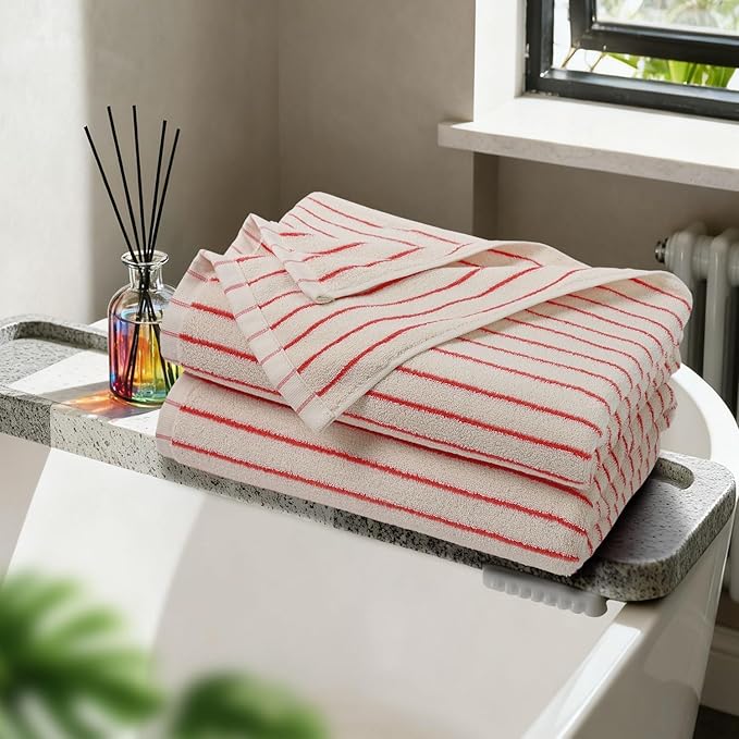 Jacquotha Striped Bath Towels Set of 2 (Coral Red), Lighter & Quick Dry Towels Large 27.5 x 55 inches, Farmhouse for Bathroom Decor, Shower, Pool Days