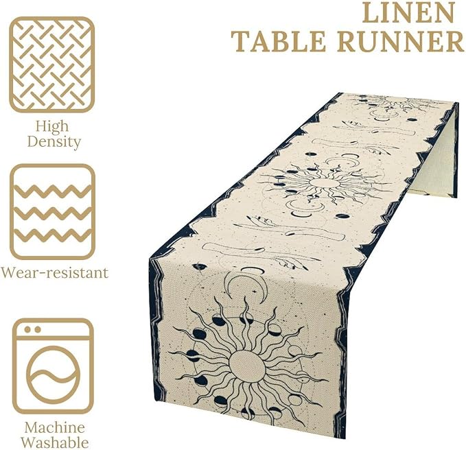 Mystic Sun Moon Table Runner, Boho Magic Tarot Gothic Witchy Hand Table Runner for Kitchen Dining Outdoor Indoor Party, 13x108 Inch