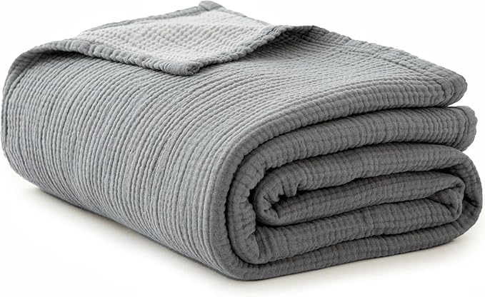 Simple&Opulence 100% Cotton Muslin Blanket, Lightweight Breathable 4 Layering Soft Cotton Throw Blanket,Gauze Blanket for Bed Couch Camping All-Season Use (Grey, 50"x60")