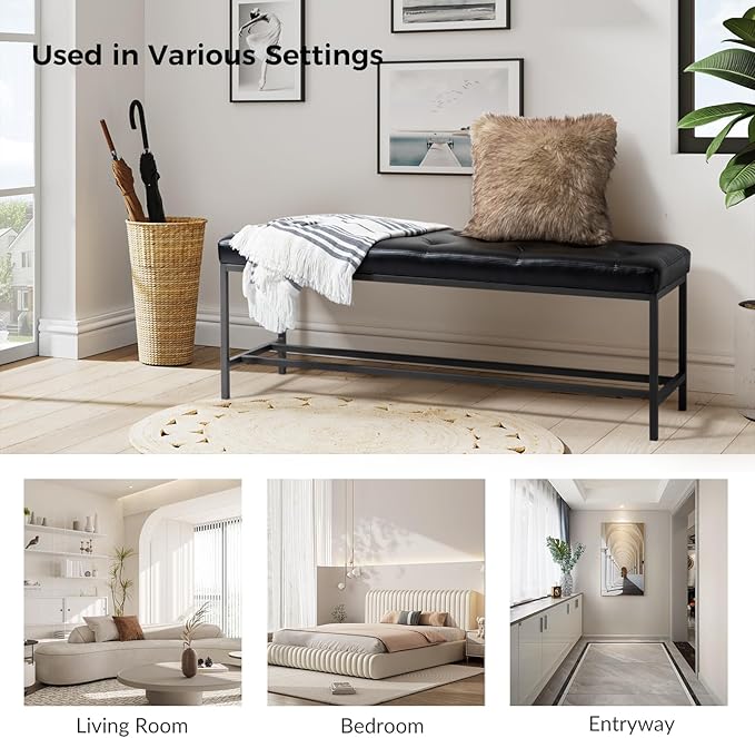 HULALA Home Faux Leather Ottoman Bench with Storage Shelf & Metal Legs, Modern Upholstered Bedroom Bench for End of Bed, Button-Tufted Dining Bench Footstool for Entryway Living Room, Black