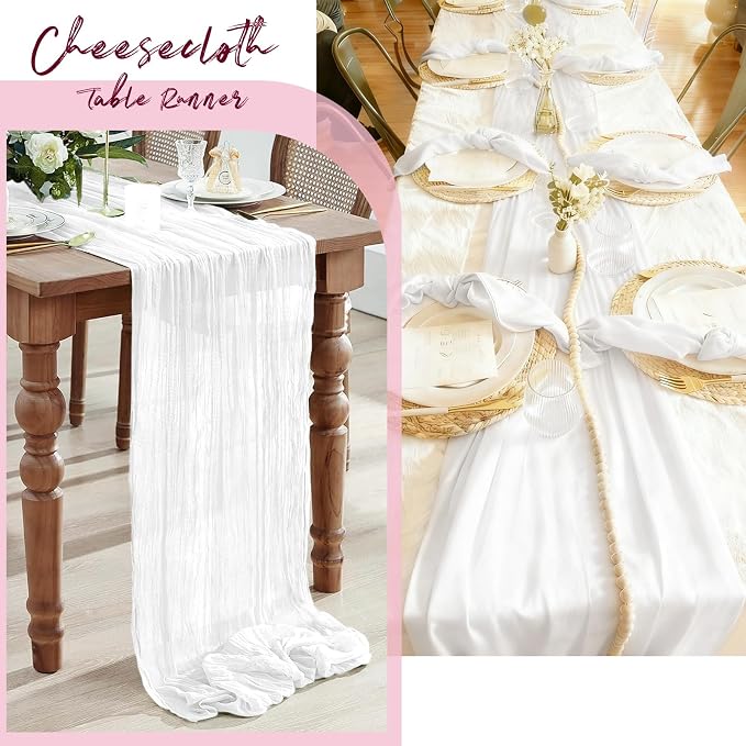 3 Pack White Cheesecloth Table Runner, 17 x 108 Inch, Gauze Cheese Cloth Table Runner Rustic Sheer Runner for Wedding Birthday Party Baby Shower Table Decor(White)