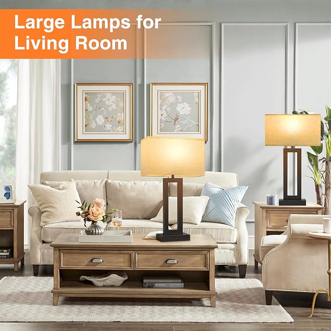 Seealle 22" Tall Living Room Lamps for Night Stands - Touch Bedside Lamp with USB C+A, 3 Way Dimmable Bedroom Lamps for End Tables Set of 2, Modern Night Stand Lamps for Bed Side(Cream&Black)