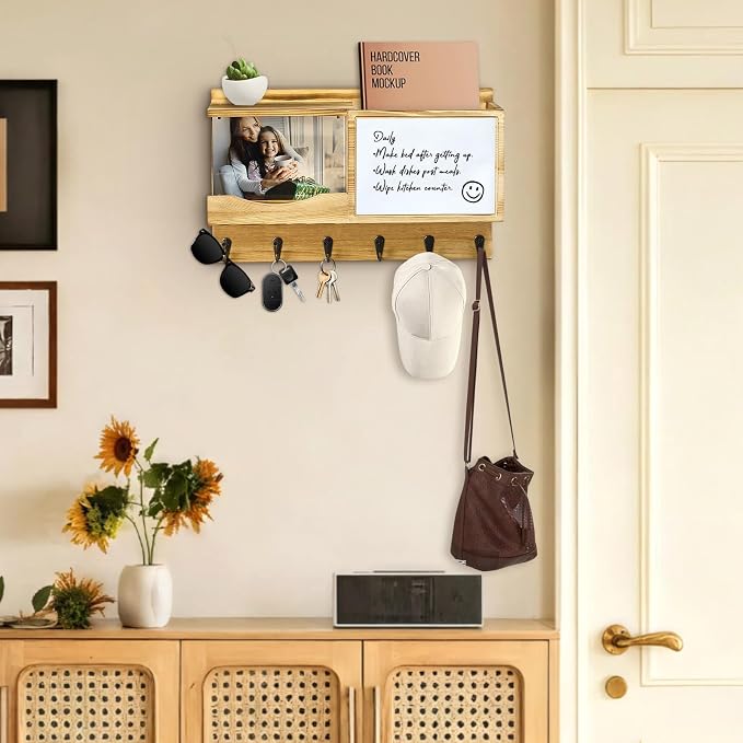 Entryway Mail Key Organizer with Built-in Magnetic Acrylic Photo Frame and Included Whiteboard, Wall-Mounted Leash Rack, 6 Hooks, 15 x 9.5 Inches, Solid Wood, Natural Brown