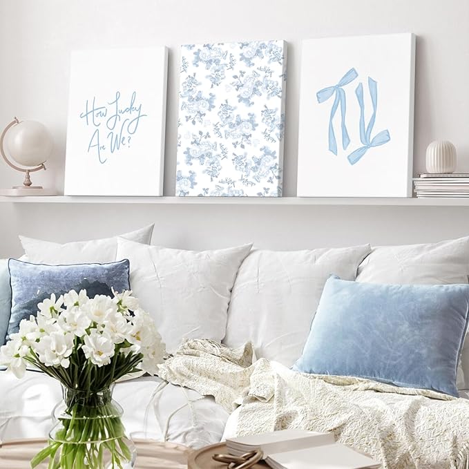 Blue Bow Wall Art Floral Canvas Wall Decor Coquette Flower Wall Art Trendy Aesthetic Poster Girly Preppy Pictures Blue Floral Prints for Living Room Bathroom 16x24 Inch Framed Set of 3