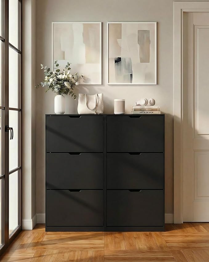 Shoe Cabinet with 3 Flip Drawers, Hidden Wood Shoe Cabinet，Narrow Shoe Rack Cabinet，Freestanding Organizer Storage for Hallway or Hallway, Black
