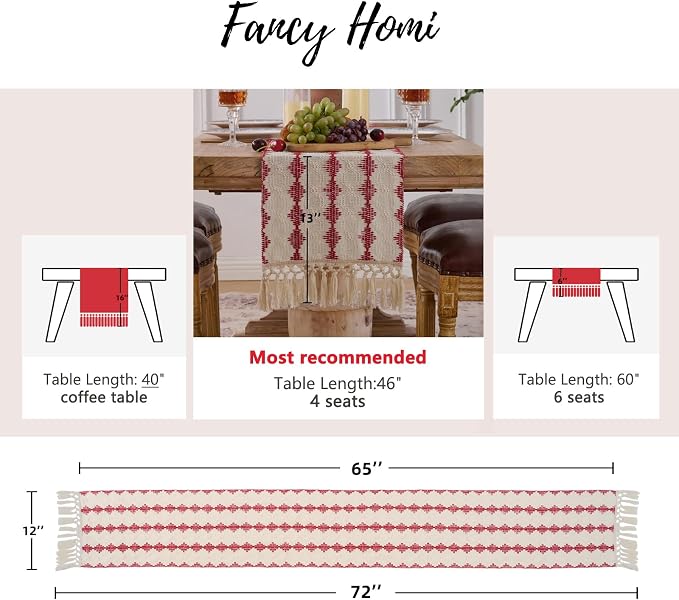 Fancy Homi Red Boho Cotton Polyester Table Runner 72 Inches Long, Farmhouse Macrame Table Runners with Tassels for Home Party Bohemian Rustic Bridal Shower Kitchen Dining Decor 12x72 Inches