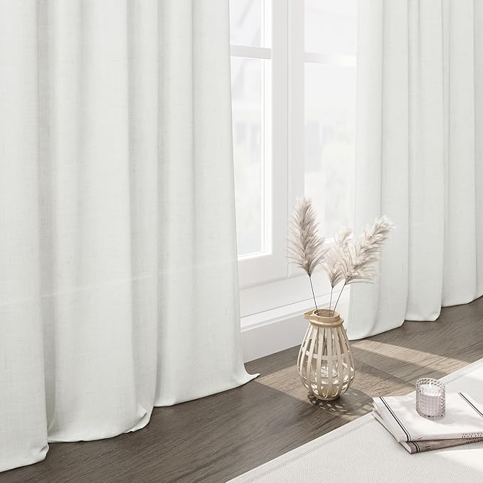 Ivory Linen Curtains 96 Inches Long 2 Panels Set Back Tab Rod Pocket Semi Sheer Light Filtering Window Curtain Drapes Neutral Modern Aesthetic Long Curtains for Living Room Bedroom Decor 40x96