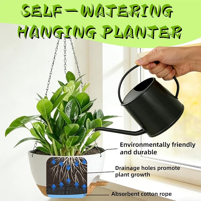 3 Pack Hanging Planters for Indoor Outdoor Plants, 10 Inch Self Watering Hanging Pots for Plants, Plastic Hanging Flower Baskets for Plants Hanger with Drainage and Tray, Chain (White Brown)