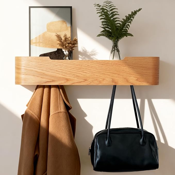 Coat Rack Wall Mount with Shelf Entryway Shelf Modern Key Holder Hanger Wall Shelves with Hidden Hooks for Hanging Towels Coats Hats Bags for Hallway Bathroom Bedroom (Oak, 5 Hooks)