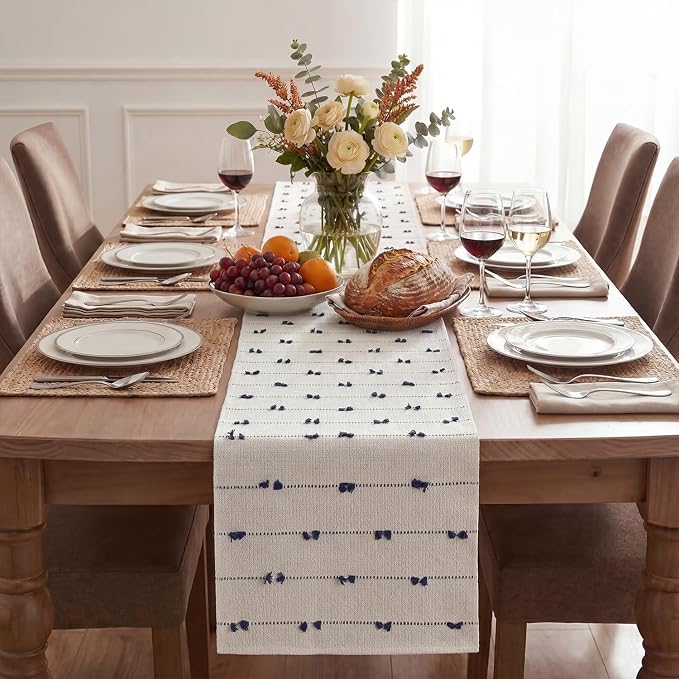 Artoid Mode Dark Blue Boho Farmhouse Cotton Woven Table Runner, Seasonal Summer Kitchen Dining Table Decoration for Home Party Decor 12x120 Inch