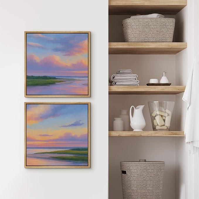 SIGNFORD Framed Canvas Print Wall Art Set Pastel Sunset Coastal Landscape Soft Color Horizon Modern Art Relax/Calm for Living Room, Bedroom, Office - 16"x16"x2 NATURAL