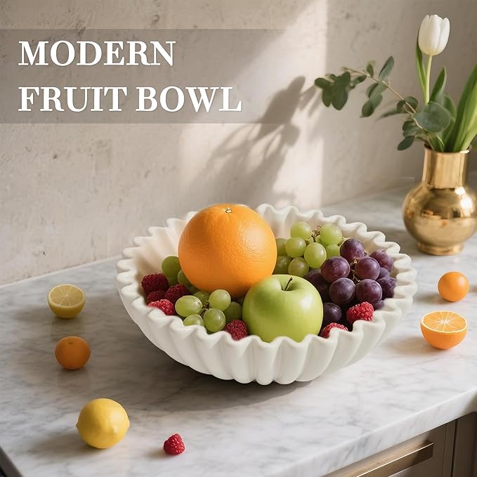 Decorative Bowl for Home Decor, 9.6" Modern White Scalloped Fruit Bowl for Coffee Table, Entryway Table, Kitchen Counter, Centerpiece for Keys or Candy
