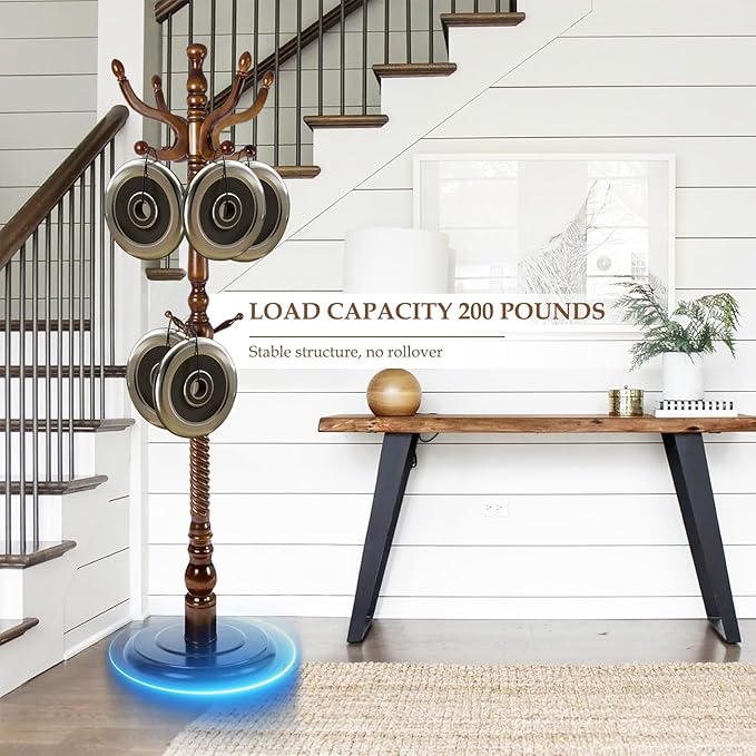 Heavy Coat Rack Freestanding, Natural Wood Hall Tree, Adjustable Height 73in and Versatile 14 Hooks for Entryway, Porch, Living Room, Bedroom, Home Office (Heavy-duty Disc Base, Cherry Color)