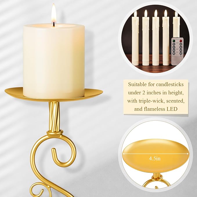 Set of 3 Iron Gold Candlestick Holder Metal Vintage Candle Holder 11.8, 9.8, 6.3 Inch Tall Decorative Wrought Iron Pillar Candle Sconce Home Decor Wedding Dinning Party Anniversary(Classic)