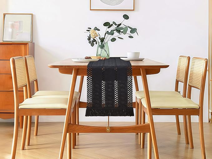 YATOJUZI Black Table Runner Pure Black Boho Table Runners with Tassels 36 Inches Seasonal Small Table Runner Rustic Farmhouse Table Runners for Bohemian Dining Bedroom Kitchen Decor 12x36 Inches