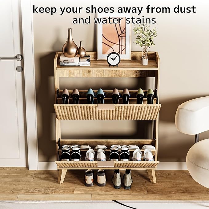 Fluted Shoe Cabinet Storage with 2 Flip Drawers, Wood Narrow Hidden Shoe Cabinet with Adjustable Shelf for Entryway, Freestanding Slim Shoe Rack Organizer for Foyer Hallway Living Room