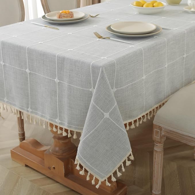 Alsoo Gray Plaid Tablecloth Square 55 x 55 Inch, Boho Waterproof Washable Wipeable Table Cloth Cotton Linen Heavy Duty Fabric for Kitchen Dining Party Christmas
