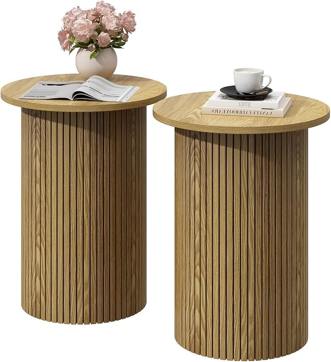 Wnutrees Round Fluted End Table, Small Accent Pedestal Side Table, Wood Fluted Nightstand Bedside Table for Living Room, Handcrafted Finish, Natural, 2Pack