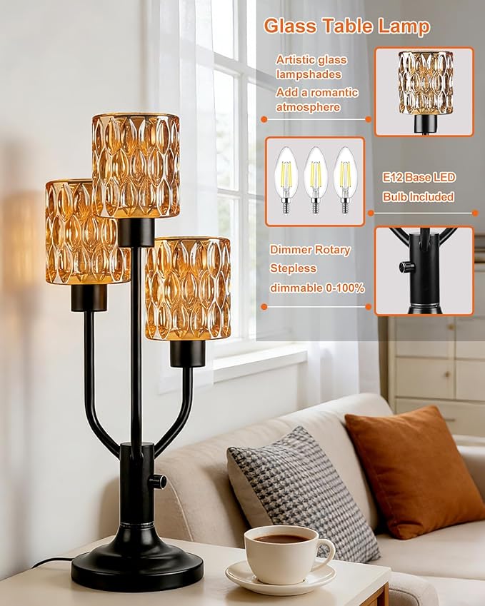 Lightdot Modern Glass Table Lamp Dimmable Mid Century Black Desk Lamp with Thickened Amber Glass 3 Bulbs Included 3000K Warmwhite Nightstand Lamp for Bedroom Bedside End Table