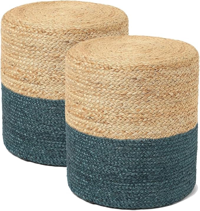 REDEARTH · Cylindrical Pouf Foot Stool Ottoman - Jute Braided Pouffe Poof Accent Sitting Footrest for Living Room, Bedroom, Nursery, Patio, Lounge Set of 2 (Natural Teal, 14.5"X14.5"X16")