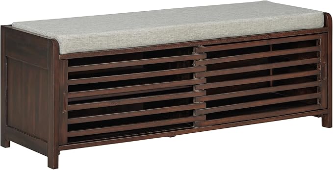 Ball & Cast Entryway Storage Bench with Shutter Doors, 43.3" Wooden Shoes Organizer, Modern Movable Upholstered Seat Entryway Shoe Rack Cabinet for Hallway Living Room, Espresso
