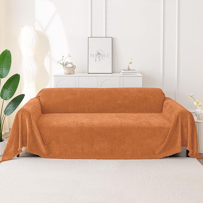 Smiry Couch Cover for Dogs, Washable Chenille Sofa Covers for 3 Cushion Couch, Soft Sofa Slipcover for Pets, Thick Sectional Furniture Protector with Tassels (Orange, 71x134 Inch)