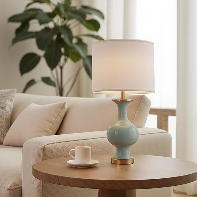 21" Green Ceramic Table Lamp, Bedroom Lamps for Night Stands, Farmhouse Bedside Lamps for Bedroom Living Room, Small Nightstand Lamps Desk End Table Lamps, Light Green