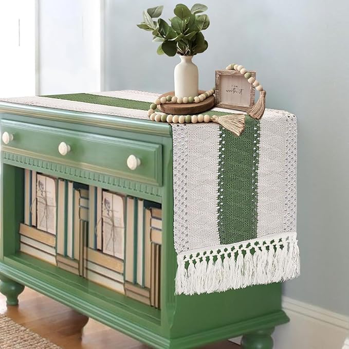 EMMTEEY Boho Table Runner with Tassels- Scratch & Heat Resistant, 94 Inches Long Table Runner Cotton Linen Macrame Handmade for Dining Table/Wedding Décor (12"X94", Green)