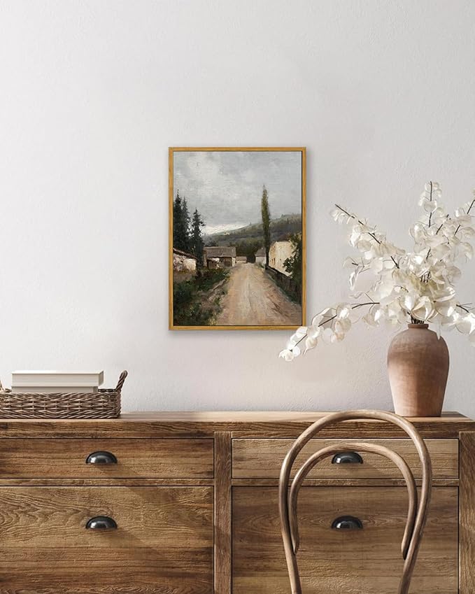KBKBART Framed Wall Art, Vintage European Village Country Canvas Art Prints Farmhouse Decor, Vintage Oil Painting Picture, Rustic Landscape Wall Decor for Bathroom, Bedroom Living Room, Vintage Art(12"x16")