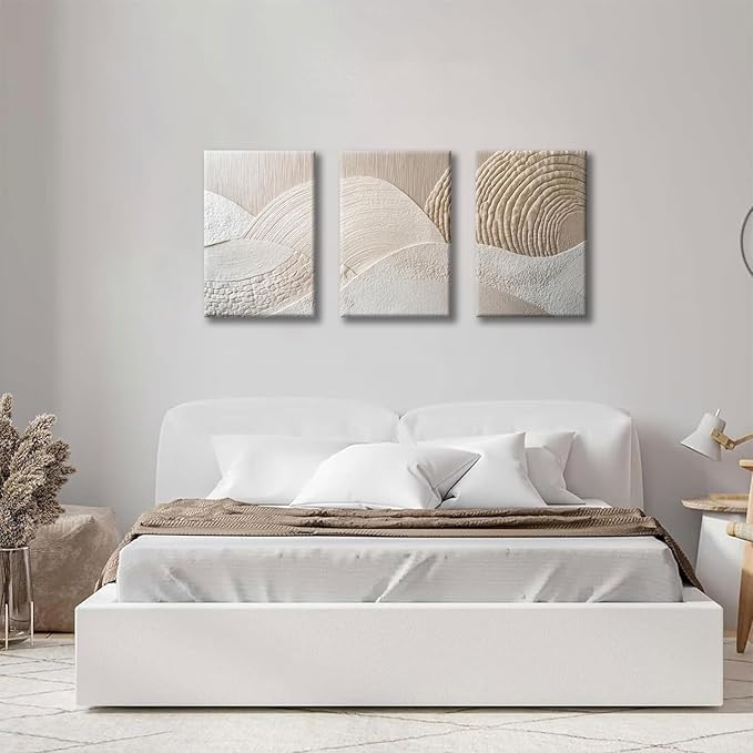 skysoon 3 Panels Neutral Abstract Wall Art, Minimalist Textured Canvas Wrapped Wall Decor, Beige Modern Boho Nordic Artwork for Living Room Bedroom Office 16x24 Inch