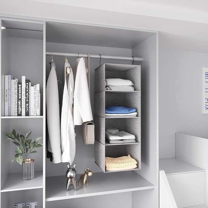 Hanging Closet Organizer, Easy Mount Collapsible 4-Shelf Camper Closet Wardrobe Hanging Storage Shelves, Folded Clothes Towels Handbag Shoes Accessories Storage, Linen Cloth, Gray