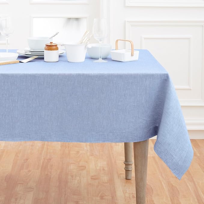 Solino Home Linen Tablecloth 60 x 132 Inch - 100% Pure Linen Chambray Blue Table Cloth for Rectangle Tables - Athena, Machine Washable Tablecloth for Summer