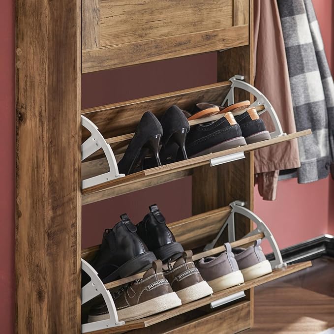Haotian Shoe Cabinet Storage for Entryway, Narrow Shoe Cabinet with Three Flip Drawers to Save Space, Shoe Rack Cabinet for Front Door Entrance Hallway (Brown)