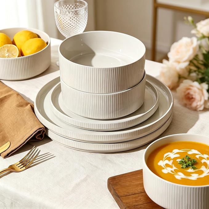 MONITO Ceramic Dinnerware 16 Pieces Dinner Set,Plates Pasta Bowls Cereal Bowls Reactive Change Glaze Dish Sets, Modern Stoneware Dishes,Gift, Creamy white