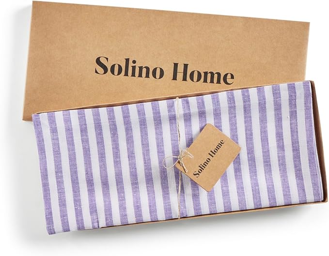 Solino Home Striped Linen Table Runner 36 Inches - Amalfi Stripe, 100% Pure Linen Violet and White Small Table Runner 14 x 36 Inch Ideal for Dresser and Coffee Tables - Summer