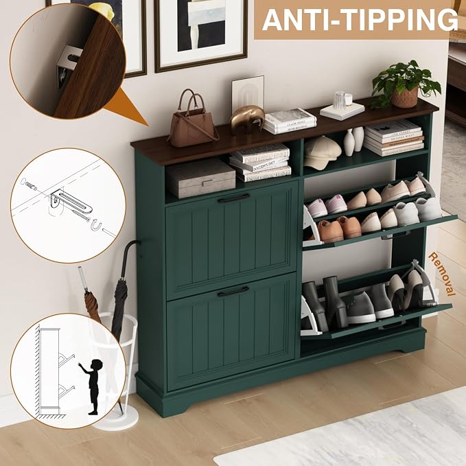 Shoe Storage Cabinet with 4 Flip Drawers, 47" W Farmhouse Modern Hidden Shoes Rack Cabinet with Adjustable Shelves & Open Storage, Narrow Slim Shoe Organizer for Front Door Entrance, Entryway, Green