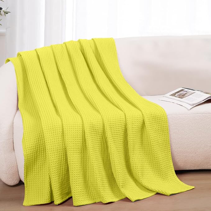 100% Cotton Blankets for Bed - Waffle Weave Blankets for Summer, Lightweight and Breathable Soft Woven Blanket for Spring (Yellow, Throw (50" x 60"))