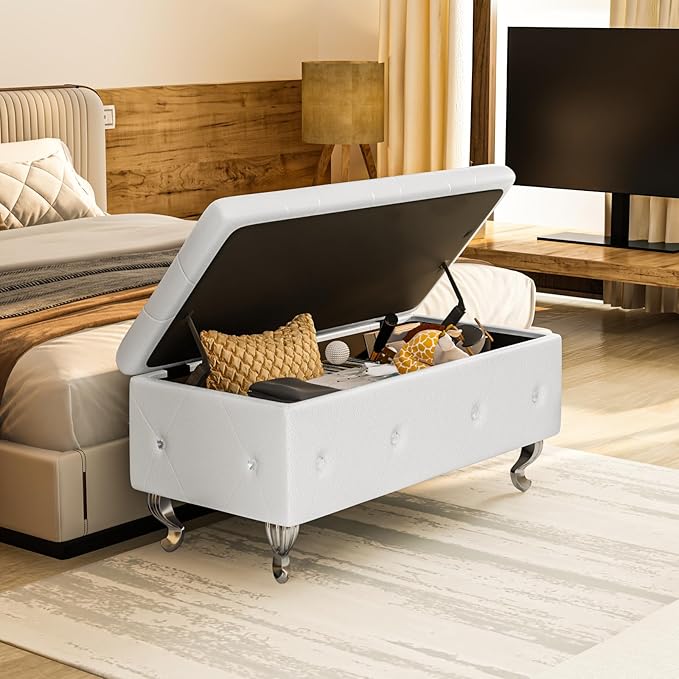 DKLGG Storage Ottoman Bench for Bedroom, Upholstered Entryway Bench with Legs & Safety Hinge, Small Storage Bench for Living Room/End of Bed/Entryway/Window, White