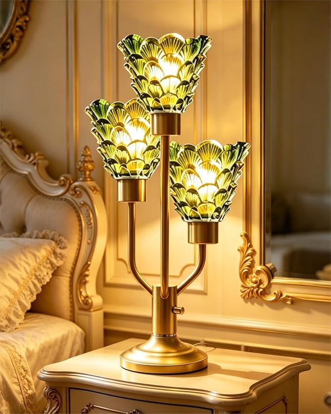 Lightdot Modern Glass Green Table Lamp for Living Room Dimmable Mid Century Gold Desk Lamp with Thickened Shell Glass 3 Bulbs Included 3000K Warmwhite Nightstand Lamp for Bedroom Bedside End Table