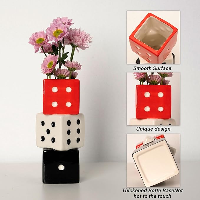 MOUGIGI Funky Dice Vase - Unique Ceramic Home Decor for Bars| Stylish Black, White & Red Geometric Design | Perfect for Fresh, Dried, or Artificial Flower Arrangements | Ideal Gift for Art Lovers