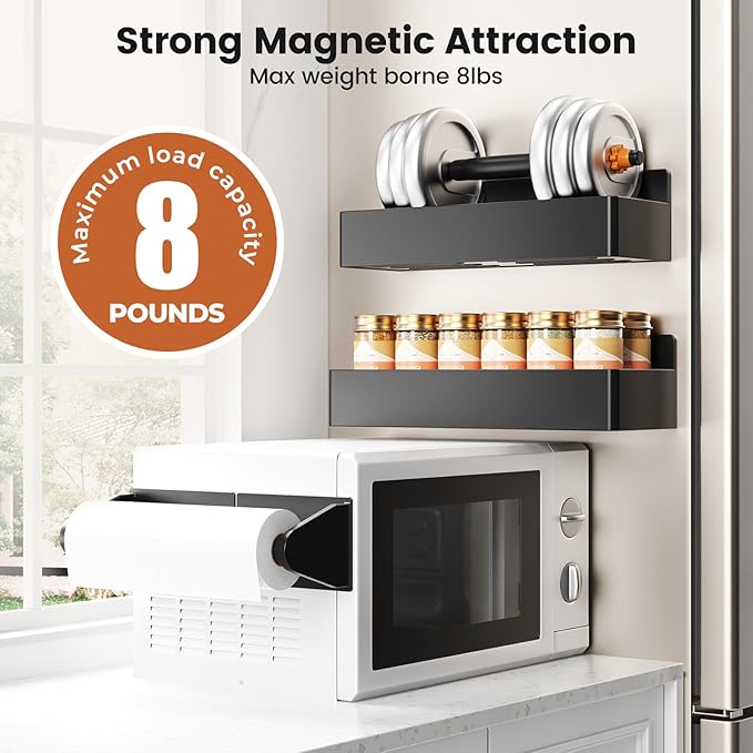 Mystozer Magnetic Spice Rack for Refrigerator,7 Pack Magnetic Shelf,Fridge Magnet Organizer with Paper Towel Holder,Utensils Racks,Hook Rack,Fridge Organizers and Storage Black(7 Pack)