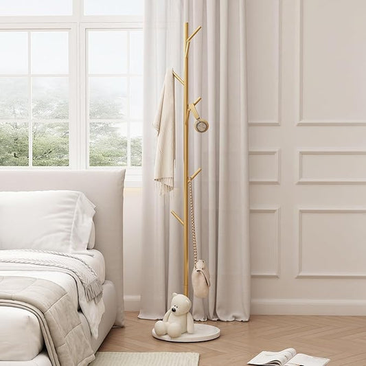 Gold Coat Rack Freestanding, Metal Coat Tree with Marble Base, Coat Rack Stand with 8 Hooks, Entryway Coat Stand for Hanging Clothes, Hats, Bags